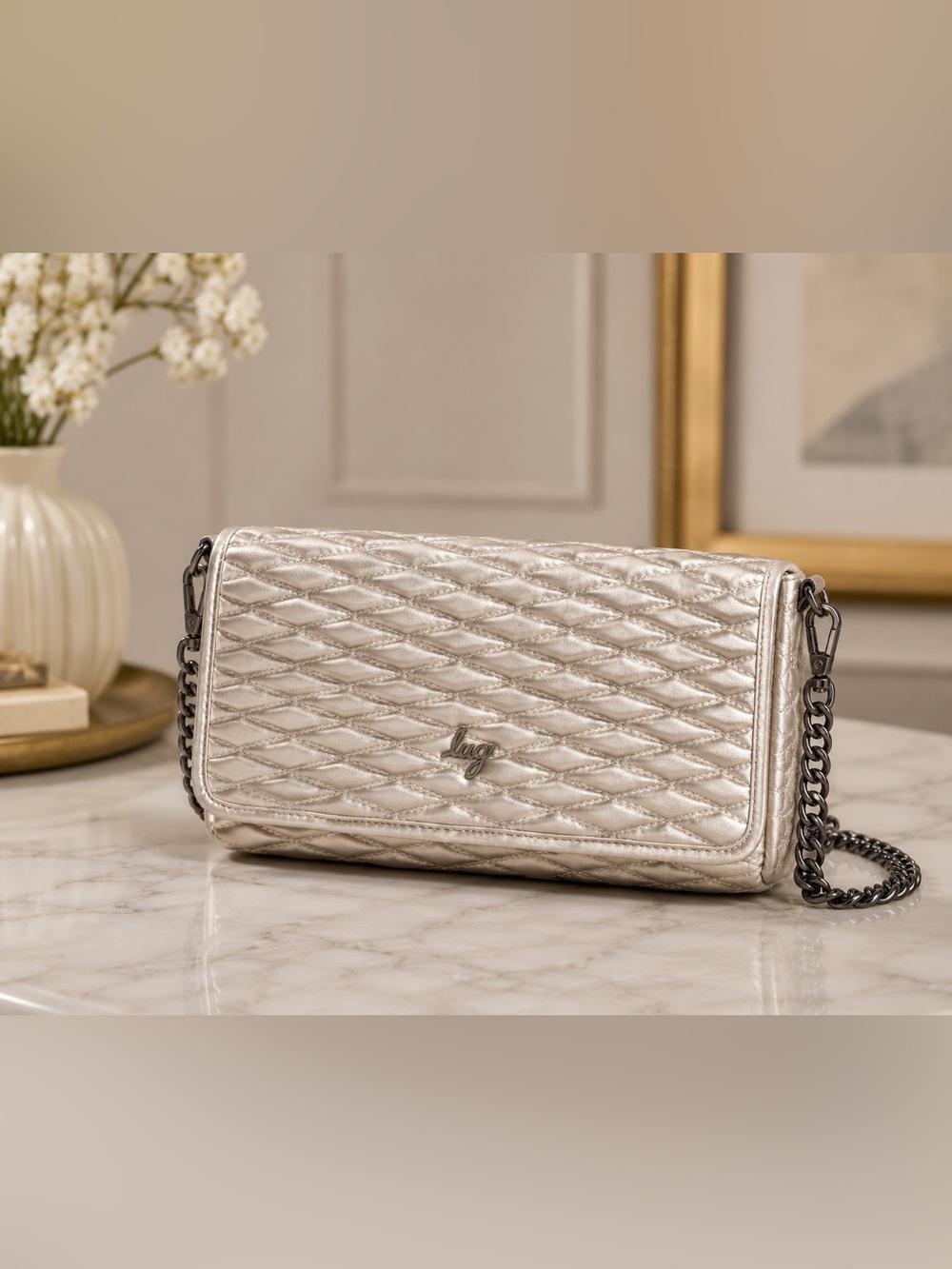 Lug Metallic 🥂Champagne Quilted Crossbody Bag NWT Chain Strap RFID Glam Travel P